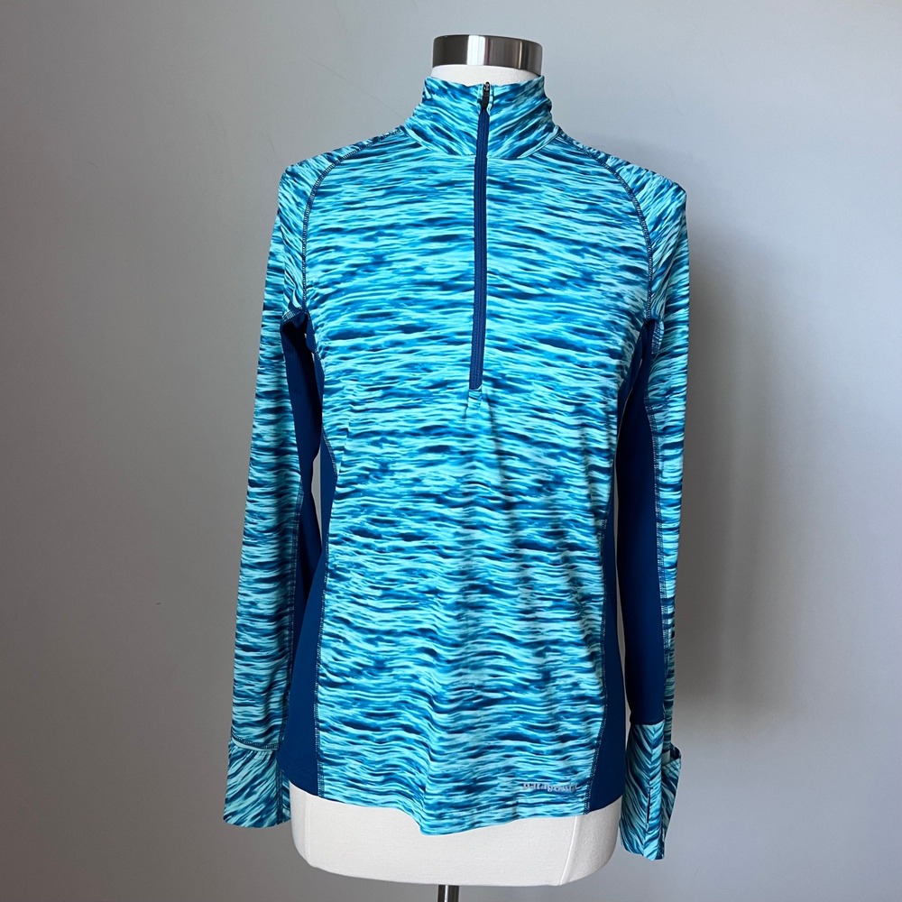 Patagonia Women's Blue Teal Swirl Print Quarter Zip Athletic Pullover‎ Top Sz M